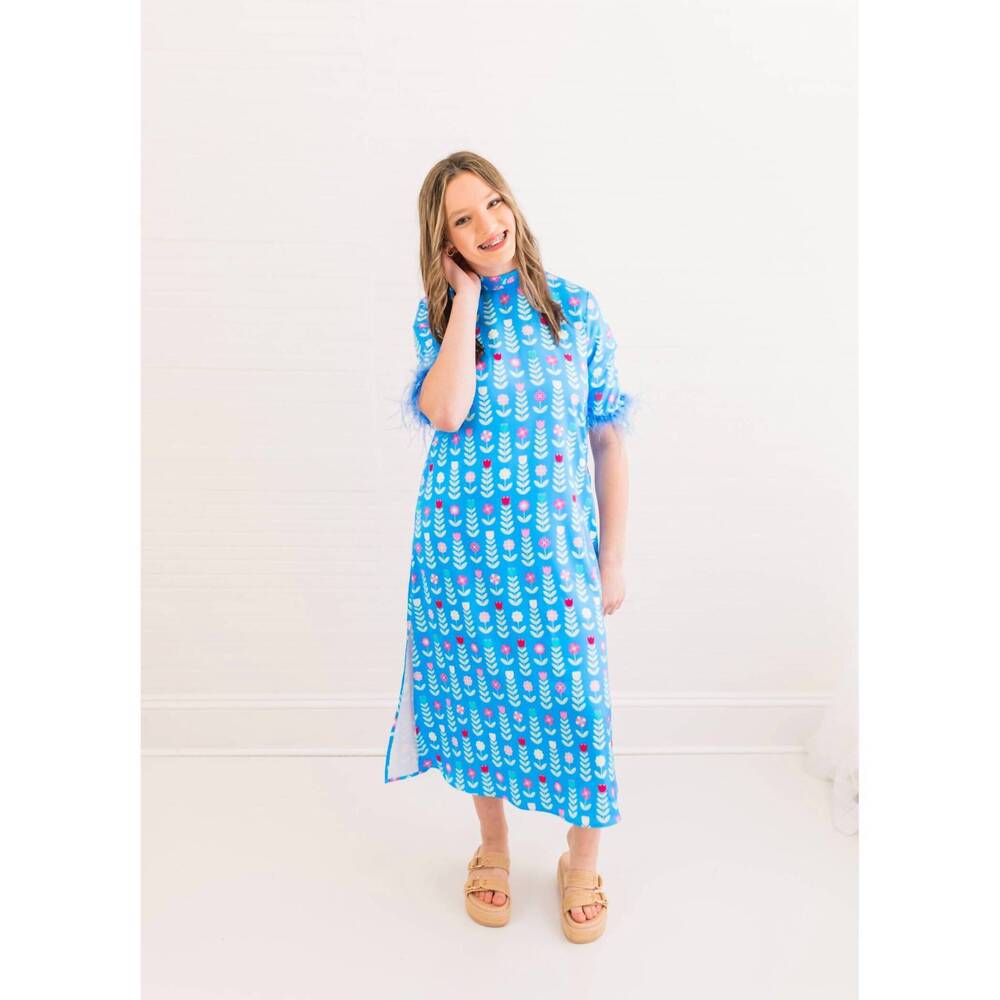 Blue Patterned Maxi Dress with Puff Sleeves
